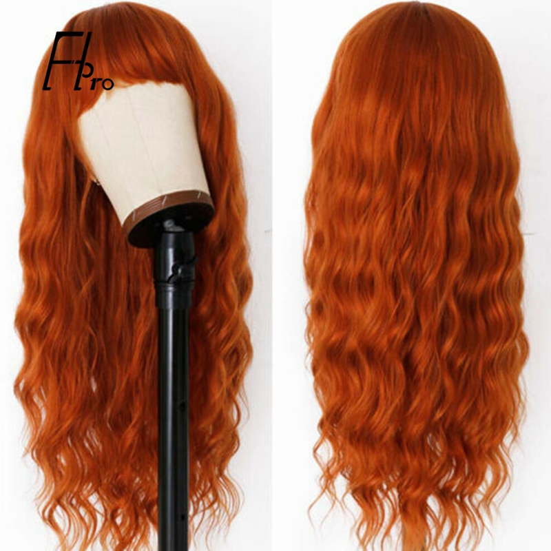 Long Loose Wave Wig Ginger Orange Color Lace Closure Wig With Bangs